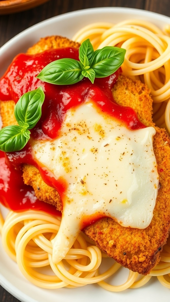 Crispy air fryer chicken parmesan with marinara sauce and melted cheese, served with spaghetti.